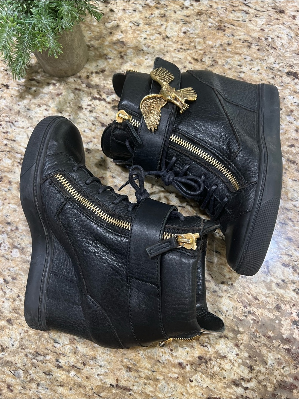 Giuseppe Zanotti Black Wedge Lace-Up Ankle Sneakers with Gold Eagle Emblem 40 - Picture 5 of 11
